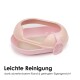 Rosa Katzenstreu-Box mit abnehmbarem Rand und einer Schaufel, mit dem Text 'Leichte Reinigung dank abnehmbarem Rand & geringem Eigengewicht.'