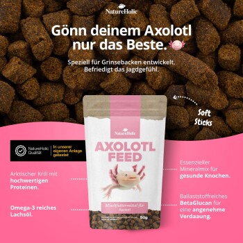 NatureHolic AXOLOTL FEED-Beutel mit Axolotl-Motiv vor Pellet-Hintergrund; deutscher Text 'Gönn deinem Axolotl nur das Beste.'