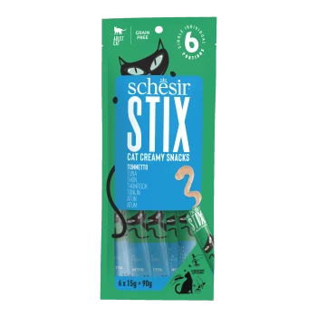 Schesir STIX cat creamy snacks tuna flavor, grain-free, 6 single portions, for adult cats, 90g pack.