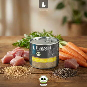 Dose Liebesgut Bio-Katzenfutter (Bio-Pute für Katzen) auf Holztisch mit Putenstücken, Möhren, Samen und BIO-Siegel