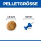 Vergleich der Pelletgröße zeigt ein 7,5 mm Haustierfutterpellet neben einer 10 mm blauen Reißzwecke.