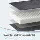 Geschichtete Haustierbett-Auflage mit Eierkarton-Schaumstoffkern und wasserdichter Abdeckung; Text „Weich und wasserdicht“.