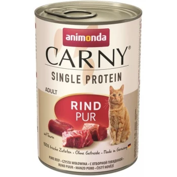Nourriture en conserve pour chats "Animonda Carny Single Protein Adult Rind Pur" avec des morceaux de bœuf, de la taurine, et fabriquée en Allemagne.