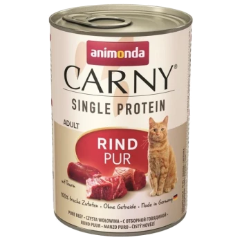 Karma w puszce dla kotów "Animonda Carny Single Protein Adult Rind Pur" z kawałkami wołowiny, tauryną i wyprodukowana w Niemczech.
