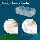 Transparenter Haustieraufbewahrungsbehälter mit einfacher Reinigung und wasserdichten Paneelen, mit den Aufschriften "Facile da pulire" und "Pannelli impermeabili."