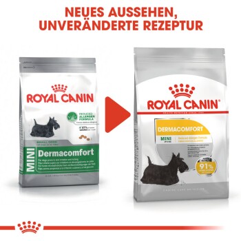 Zwei Tüten Royal Canin Dermacomfort Hundefutter für kleine Hunde, die ein neues Design und Zufriedenheitsansprüche von 87% und 91% zeigen.