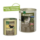 Dosen- und Trockenfutterprodukte für Hunde mit der Bezeichnung "Wilderness Black Earth", die einen Wolf auf der Dose zeigen, mit einem Hinweis auf das neue Design und die verbesserte Formel.
