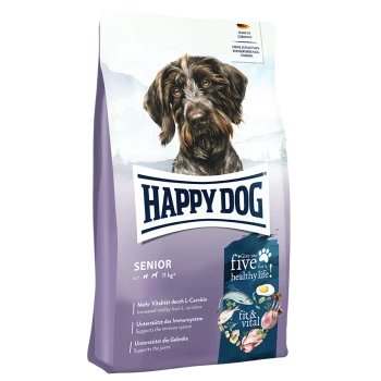 Happy Dog Senior Hundefutter, 11 kg, mit einem Porträt eines braunen Hundes und Text über Vitalität, Immun- und Gelenkunterstützung.