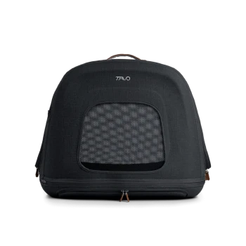 Schwarzer Haustiertrage-Rucksack mit einem Netzfenster und einem Reißverschluss, mit einem eleganten Design und dem Markenlogo "TAVO" oben.