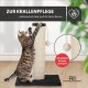 Eine getigerte Katze kratzt an einem hohen Sisalpfosten mit einem schwarzen Sockel und einer hängenden Kugel. Text: "Platzsparend, ideal für kleine Räume, mit Spielball."