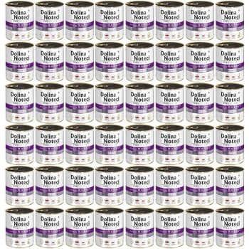 Puszki karmy dla zwierząt Dolina Noteci dla królików, ułożone w siatkę, z czarno-białym wzorem i fioletowymi akcentami.