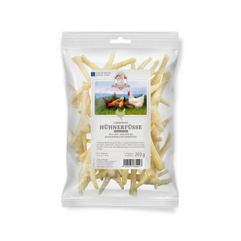 Getrocknete Hühnerfüße in einer 200g-Packung, beschriftet mit 'GEBRÜHTE HÜHNERFÜSSE', mit einem Foto von Hühnern auf einer Wiese.