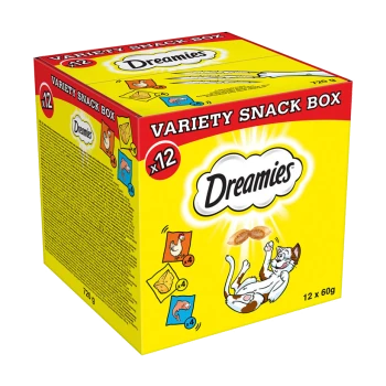 Gelbe Box mit Dreamies Katzenleckerlis, beschriftet mit 'Vielfalt Snack Box', die 12 Packungen à 60g enthält, mit Illustrationen von Katzen und Snacks.