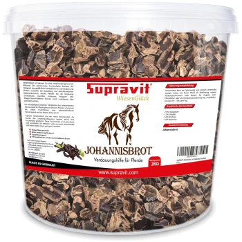 Plastikbehälter mit Supravit Johannisbrot Verdauungshilfe für Pferde, 2 kg, hergestellt in Deutschland, mit Produktdetails auf Deutsch.