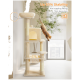 Katze Baum mit mehreren Ebenen, mit einem hängenden Spielzeug und einer Katze, die herunterspringt. Text hebt "Bis zu 50 % Stabilität" und Merkmale hervor.