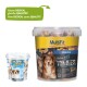 Ein großer MultiFit Medium Soft Trainies Hundesnackbehälter mit einem Hund auf dem Etikett, neben einem kleineren Behälter. Text: "Neues DESIGN, gleiche QUALITÄT."