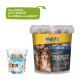Ein großer MultiFit Medium Soft Trainies Hundesnackbehälter mit einem Hund auf dem Etikett, neben einem kleineren Behälter. Text: "Neues DESIGN, gleiche QUALITÄT."