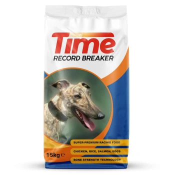 15kg bag of Time Record Breaker super-premium dog food with a greyhound on the front; ingredients: chicken, rice, salmon, eggs.