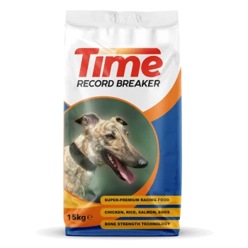 15kg bag of Time Record Breaker super-premium dog food with a greyhound on the front; ingredients: chicken, rice, salmon, eggs.