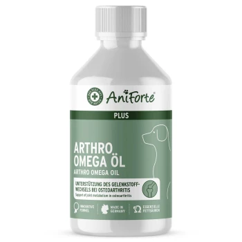 Flasche AniForte Plus Arthro Omega Öl für Hunde, gekennzeichnet mit Unterstützung für den Gelenkstoffwechsel bei Osteoarthritis, hergestellt in Deutschland.