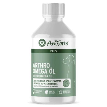 Flasche AniForte Plus Arthro Omega Öl für Hunde, gekennzeichnet mit Unterstützung für den Gelenkstoffwechsel bei Osteoarthritis, hergestellt in Deutschland.