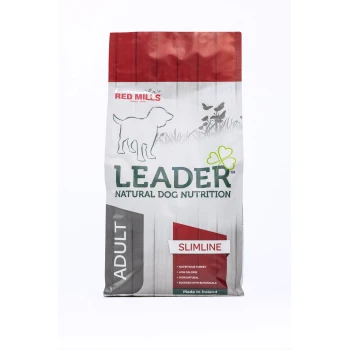 A bag of Leader Natural Dog Nutrition "Slimline" dog food, featuring a dog silhouette and labels for "Nutritious Turkey" and "Low Calorie."