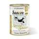 Dosenfutter für Hunde von Sanoro, beschriftet "Spezial Schwein", mit einer Grafik eines rennenden Hundes, mit Zutaten Zucchini, Reis und Brokkoli.