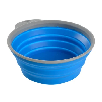Zusammenklappbare blaue Futterschüssel für Haustiere mit einem grauen Rand, ideal für Reisen und den Einsatz im Freien.