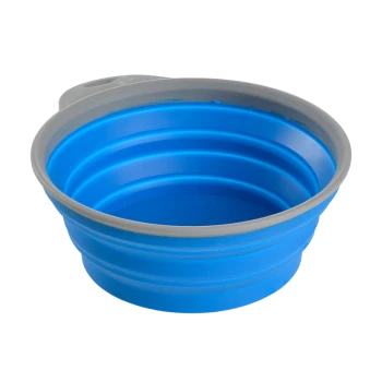 Bol pour animaux pliable bleu avec un bord gris, idéal pour les voyages et les activités en extérieur.