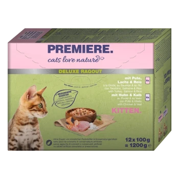 Verpackung für Katzenfutter mit einer Bengal-Katze, beschriftet "PREMIERE. Katzen lieben die Natur® DELUXE RAGOUT," mit Truthahn, Lachs, Reis, Huhn und Kalbfleisch.