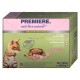 Emballage de nourriture pour chats avec un chat Bengal, étiqueté "PREMIERE. les chats aiment la nature® DELUXE RAGOUT," mettant en avant de la dinde, du saumon, du riz, du poulet et du veau.
