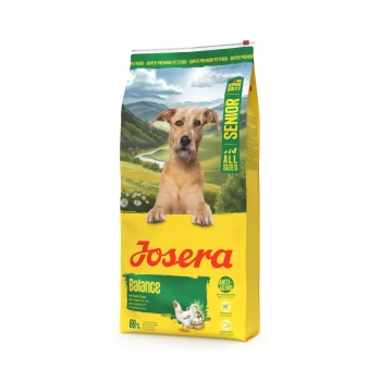 Josera Balance Senior Hundefutterbeutel mit Hundeabbildung, beschriftet mit "German Quality", "Alle Größen" und "Anti-Aging".