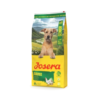 Josera Balance Senior Hundefutterbeutel mit Hundeabbildung, beschriftet mit "German Quality", "Alle Größen" und "Anti-Aging".