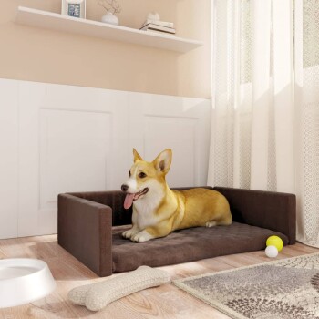 Ein glücklicher Corgi liegt auf einem braunen Hundebett in einem gemütlichen Raum, mit einer weißen Futterschüssel, einem Kauspielzeug und zwei bunten Bällen in der Nähe.