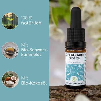 Flasche des Zeckguard Spot On Haustierpflegeprodukts, gekennzeichnet als 100% natürlich, mit Inhaltsstoffen wie biologischem Schwarzkümmelöl und Kokosnussöl.