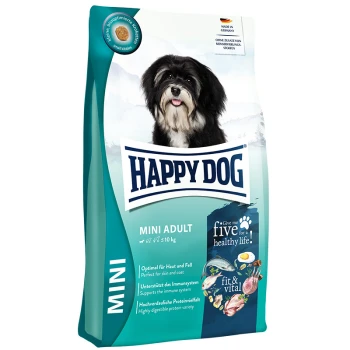 Sac de nourriture pour chien Happy Dog Mini Adult avec un chien noir et blanc sur le devant, mettant en avant des avantages comme "fit & vital" et le soutien immunitaire.