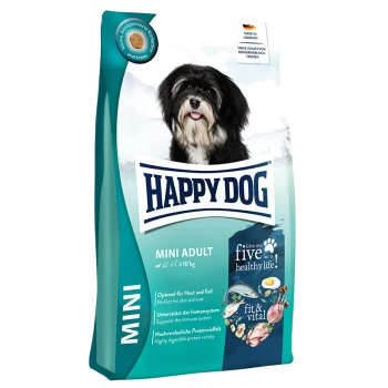 Beutel mit Happy Dog Mini Adult Hundefutter mit einem schwarz-weißen Hund auf der Vorderseite, der Vorteile wie "fit & vital" und Immunsupport hervorhebt.