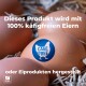 Braune Eier im Stroh mit blauem 'CAGE FREE'-Aufkleber und deutschem Text '100% käfigfreie Eier', Hill's-Logo.