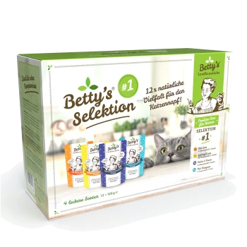 Schachtel mit Betty's Selektion Katzenfutter mit 12 natürlichen Sorten, mit buntem Verpackungsdesign und einer neugierigen Katze im Hintergrund.