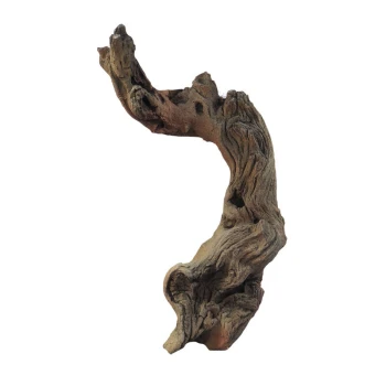 Ein dekoratives Aquarium-Wurzelstück mit einer strukturierten, natürlichen Erscheinung, mit verdrehten Ästen und brauner Farbe.