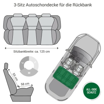 Illustration einer 3-Sitzer Autositzbezug mit Abmessungen, beschriftet mit "Sitzbankbreite: ca. 125 cm" und "ALL-SIDE SCHUTZ" in grün.