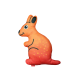 Ein lebhaftes orangefarbenes Plüschspielzeug in Form eines Kängurus mit einem lächelnden Gesicht und schwarzen Akzenten, mit einem kleinen "Red Dingo"-Tag.