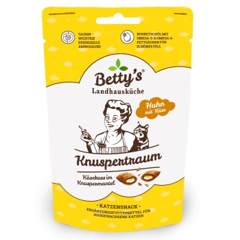 Betty's Landhausküche 'Knuspertraum' Katzensnack-Tüte 'Huhn mit Käse', gelb-weißes wiederverschließbares Pack.