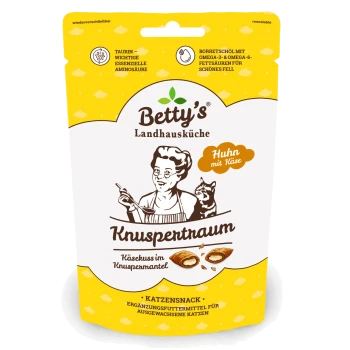 Betty's Landhausküche 'Knuspertraum' Katzensnack-Tüte 'Huhn mit Käse', gelb-weißes wiederverschließbares Pack.