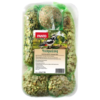 Packung Vogelfutter mit einem Specht auf dem Etikett, beschriftet "Mischpackung" mit Details zu Zutaten und Nährwert.