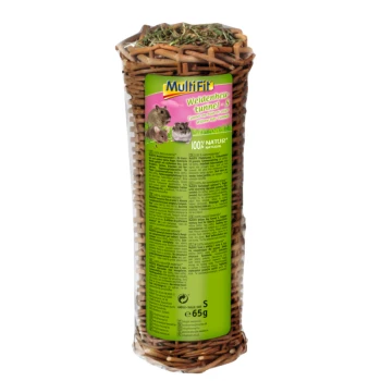 Willow hay tunnel for small pets, labeled "Multifit," featuring images of a guinea pig and a rabbit, with nutritional information.