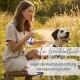 Frau sprüht einen gefleckten Hund mit einer Sprühflasche auf einem Feld an; sichtbarer Text '1x Wöchentlich' und 'Gegen die Wachstumsrichtung'.