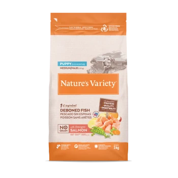 Sac de nourriture pour chiots Nature's Variety pour chiens moyens/maxi, poisson désossé avec saumon norvégien, sans céréales, 3 kg.