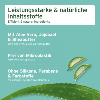 Produktetikett mit natürlichen Haustierzutaten: Aloe Vera, Jojobaöl, Sheabutter. Ansprüche: "Effizient & natürlich", "Keine Mikroplastik."