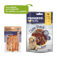 Zwei Premiere Haustiersnackpakete: "Chew It" mit Knochenleckereien und "Chew Snack" mit Streifen, mit einem glücklichen Hund und mehrsprachigem Text.